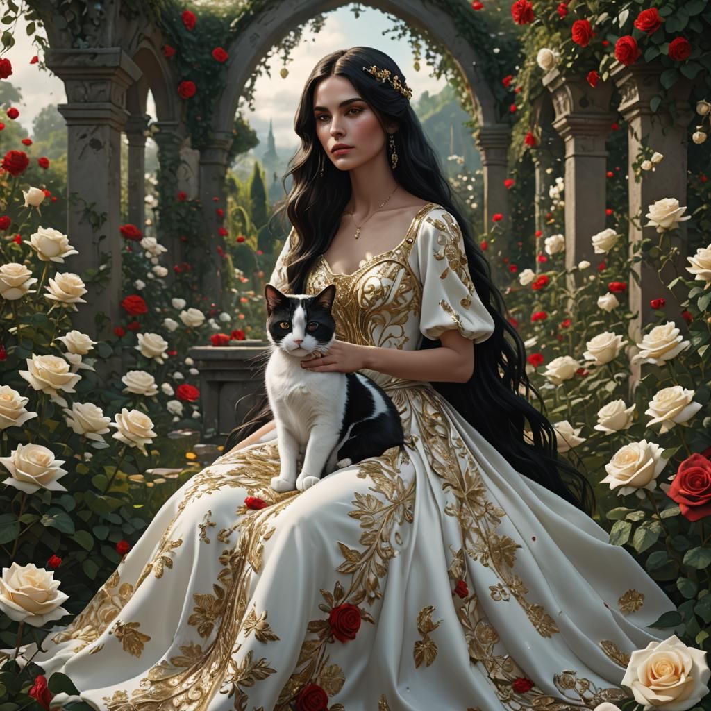 Woman with Cat in Rose Garden, Hyperrealistic Art