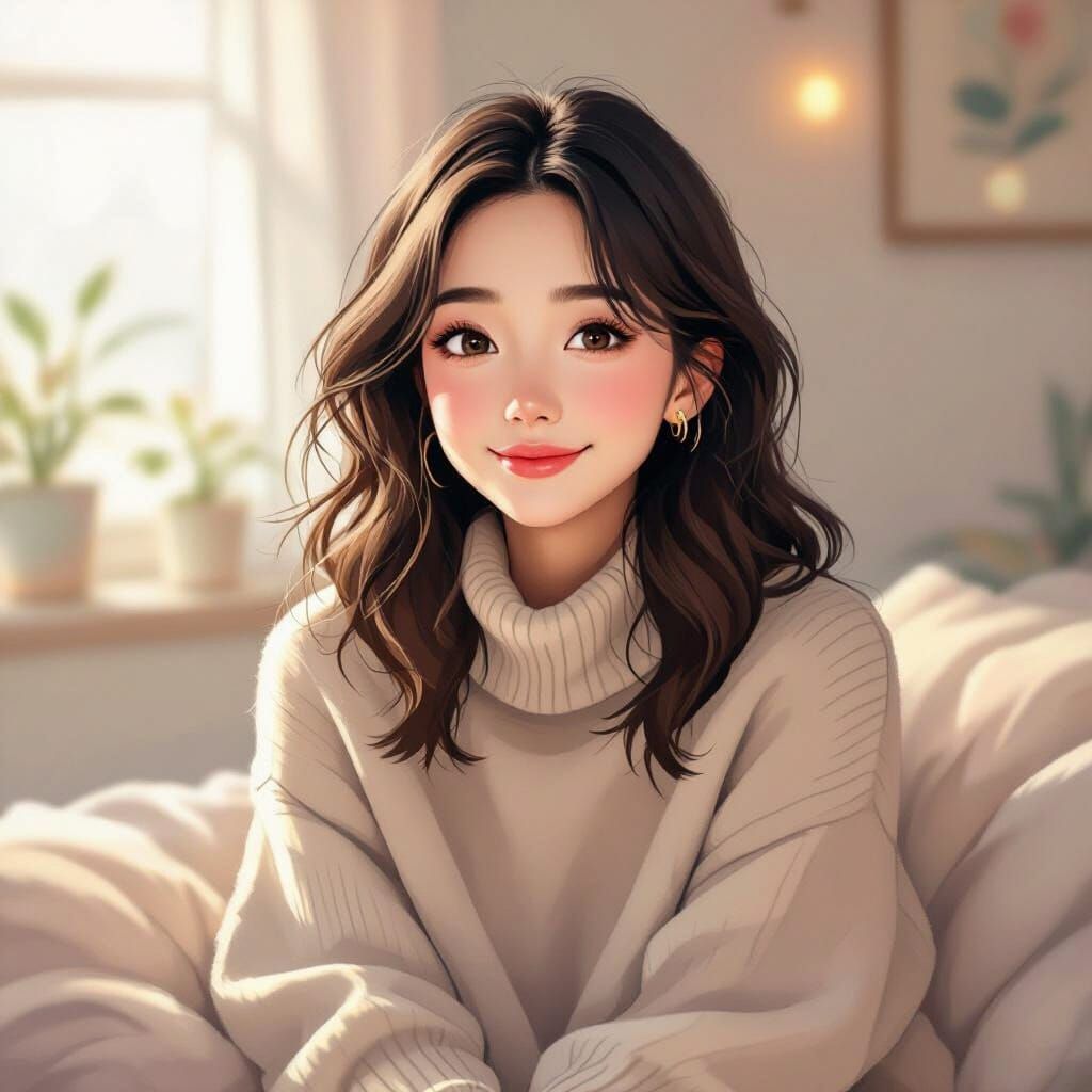 Serene Woman in Cozy Setting, Pastel Illustration