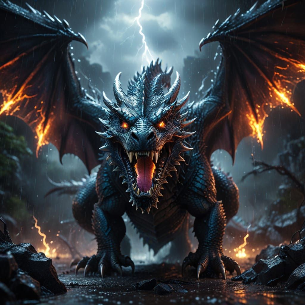 Epic Dark Fantasy Dragon Roaring in the Rain