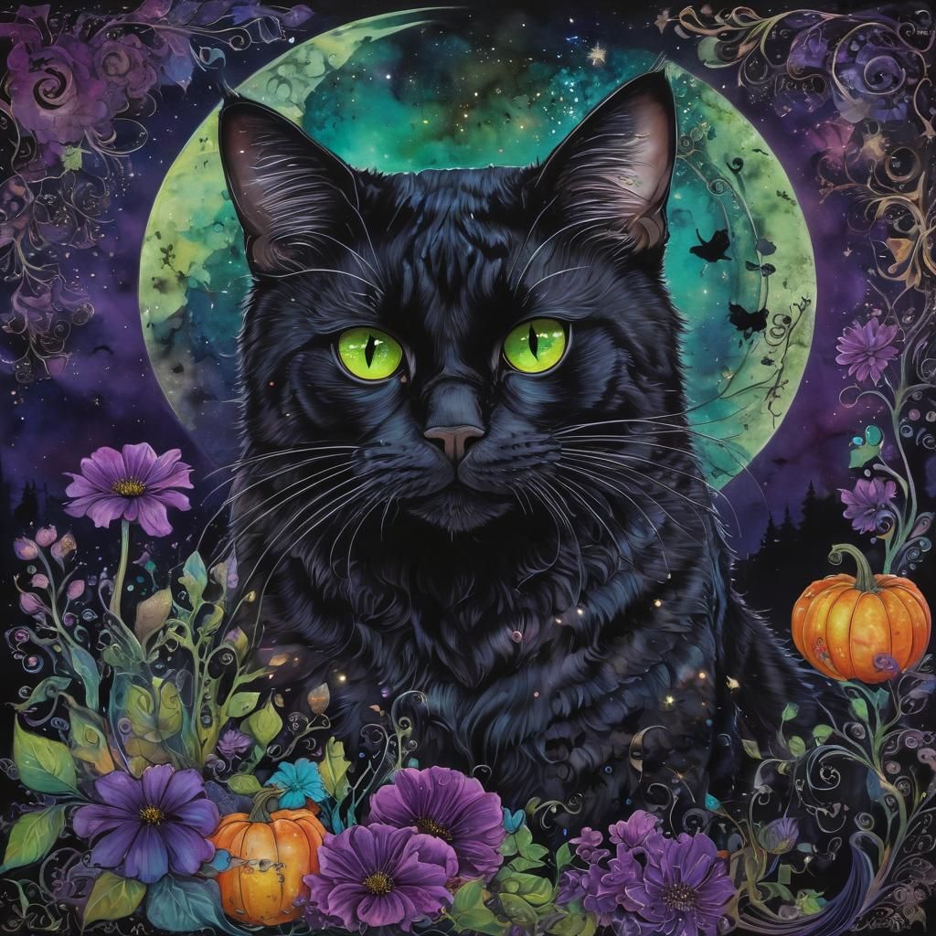 Black Cat Alcohol Ink Painting with Glowing Eyes