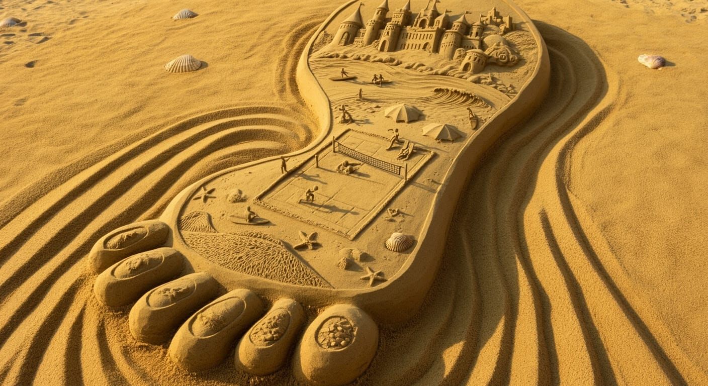 Gigantic Sand Footprint Masterpiece with Intricate Beach Sce...