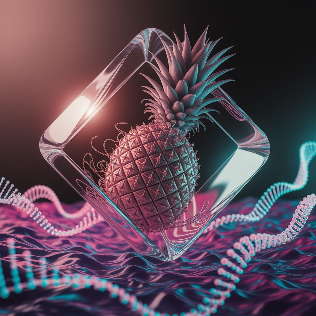 Surreal Ferrofluid Pineapple Hovers in Bioluminescent Tesser...