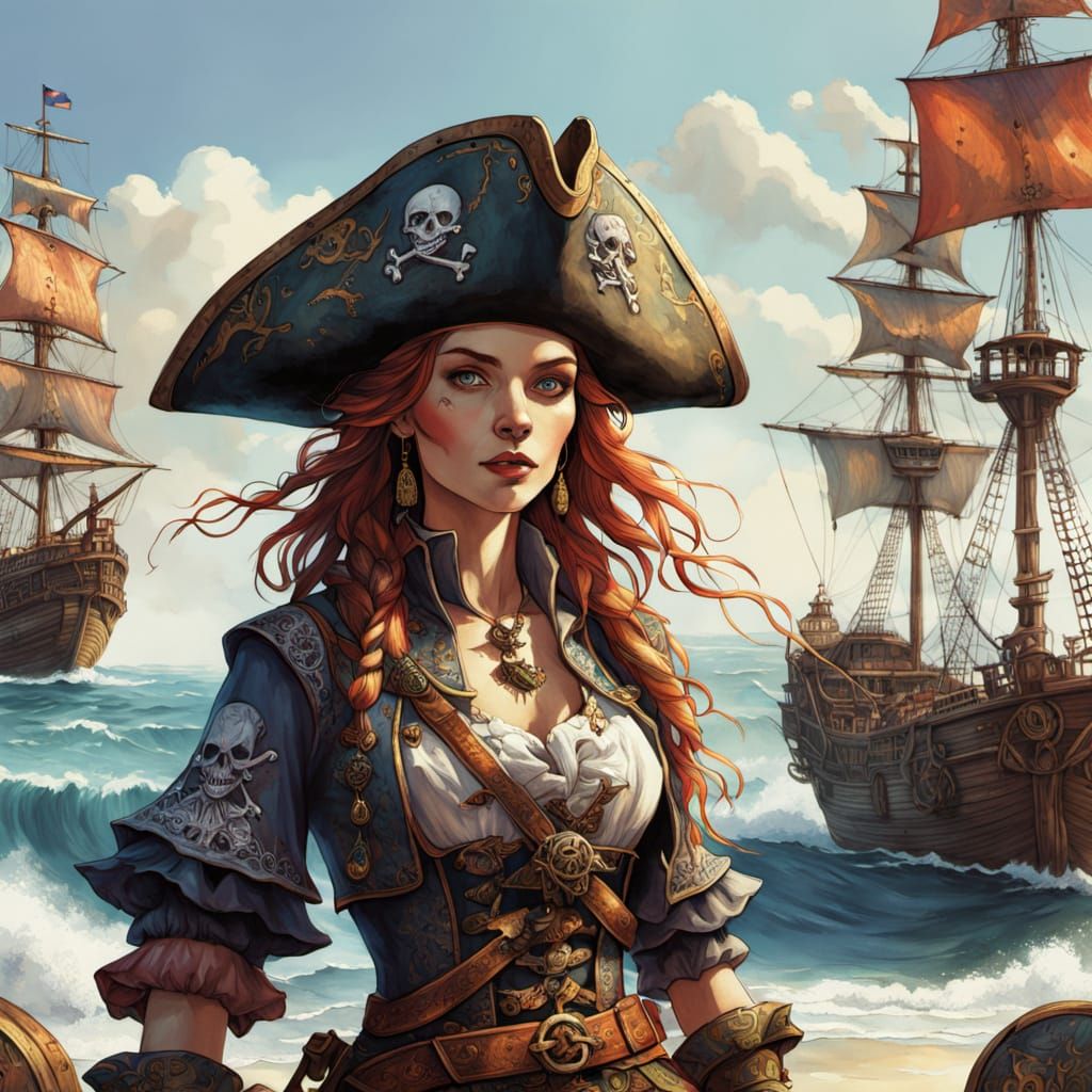 Swashbuckling Fantasy Pirate Maiden on Whimsical Beach