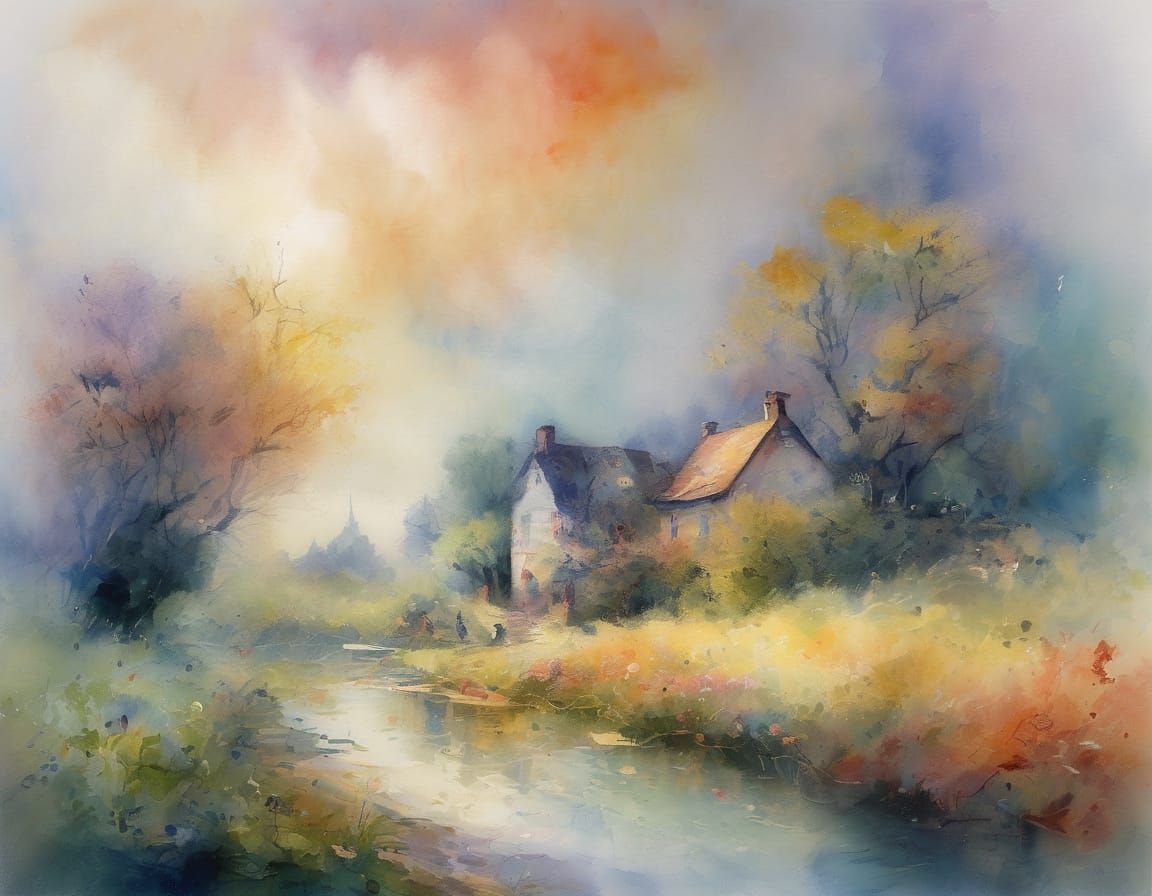 Dreamlike Village in Soft Focus Impressionist Watercolor