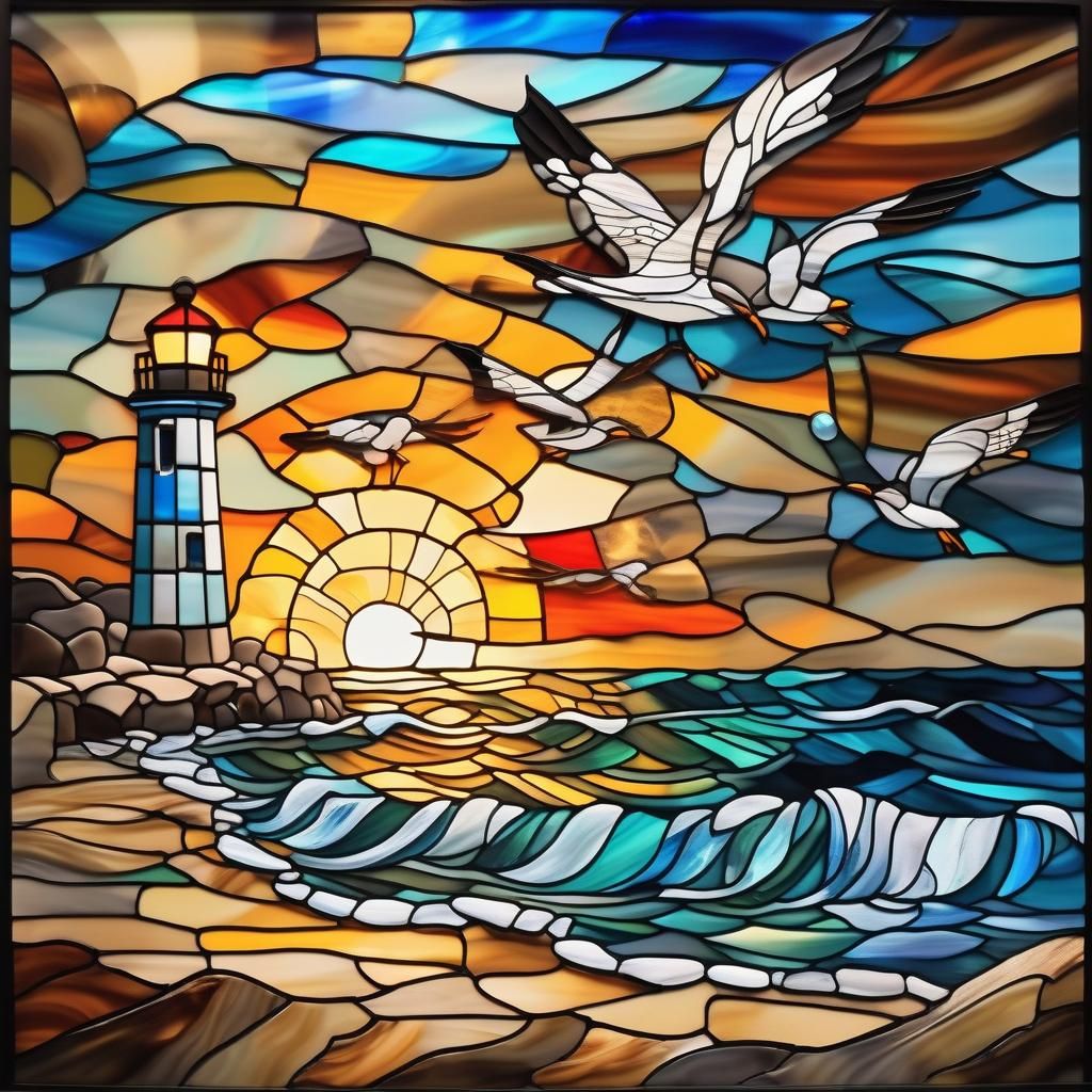 Beach Sunset Stained Glass with Lighthouse, Surreal Style
