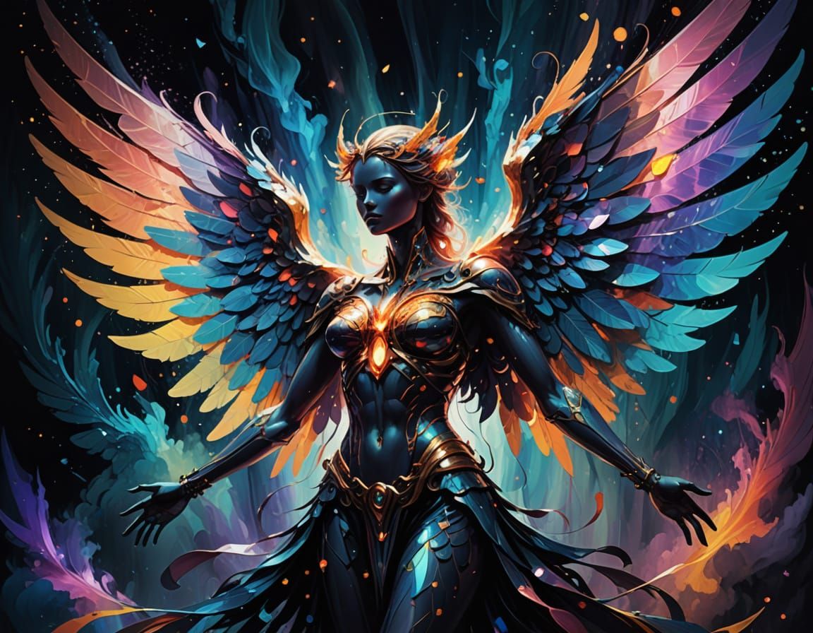 Ethereal Winged Figure in Vibrant Abstract Fantasy
