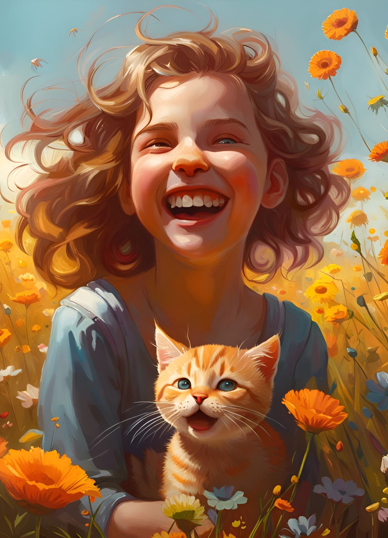 Girl with Kitten in Flower Field