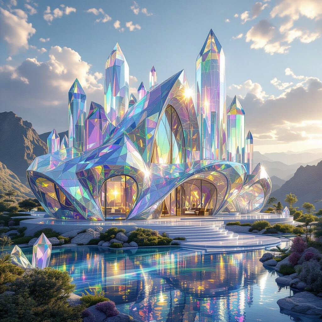 Crystal Home Reflecting Rainbow Light in Ethereal Style