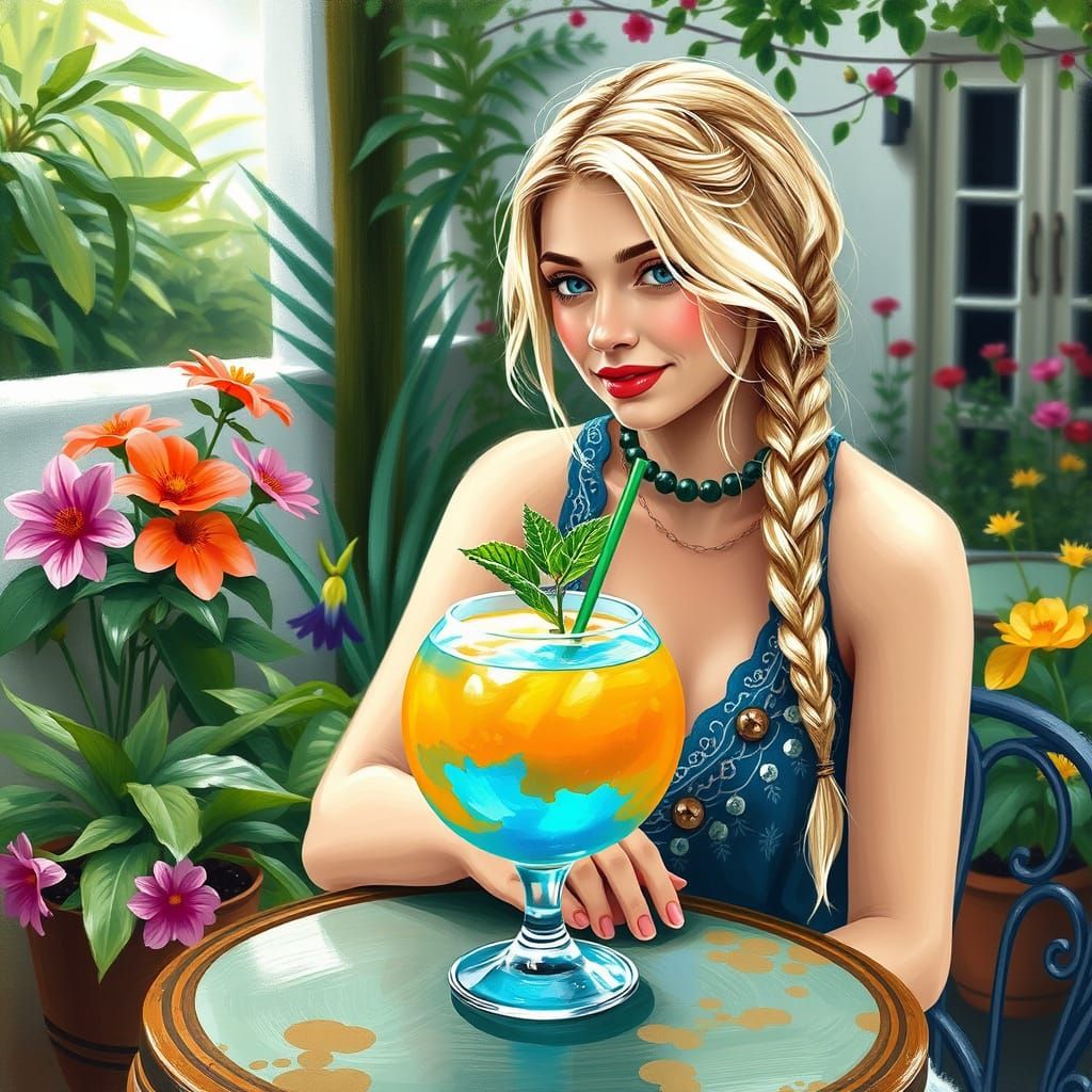 Bohemian Woman Sits in Vibrant Outdoor Café Scene with Whims...