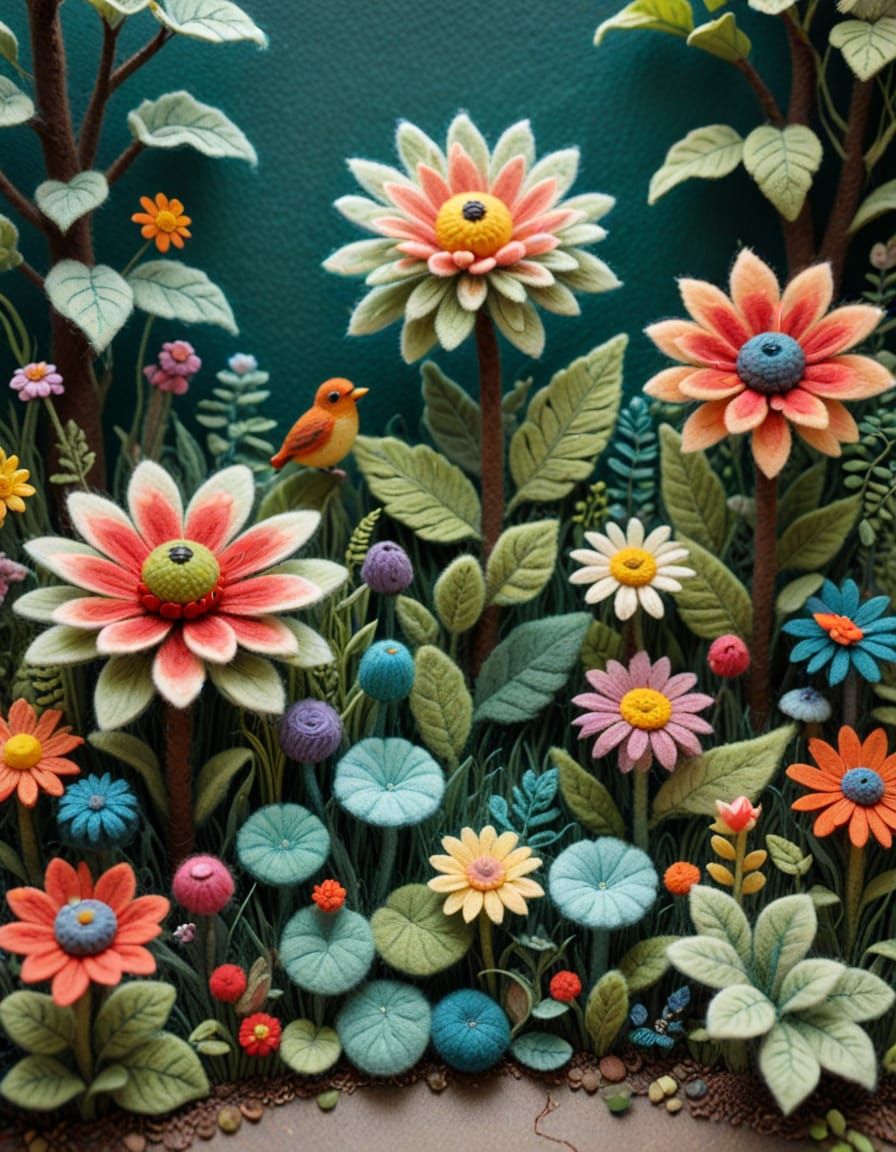 Hyperdetailed Felted Garden Scene