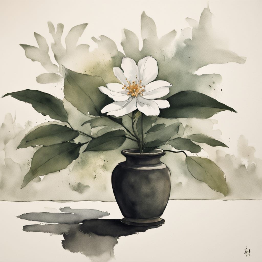 Serene Sumi-e Still Life with Delicate White Flower