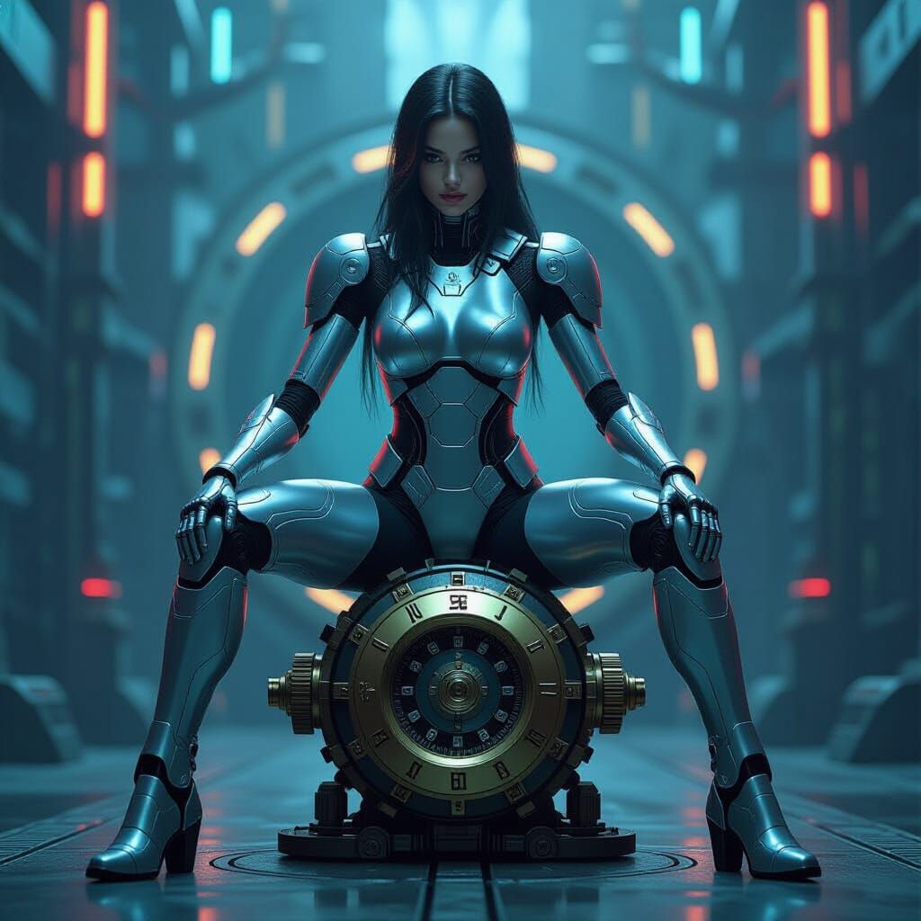 Cyberpunk Girl on Clockwork Robot with Neon Lights