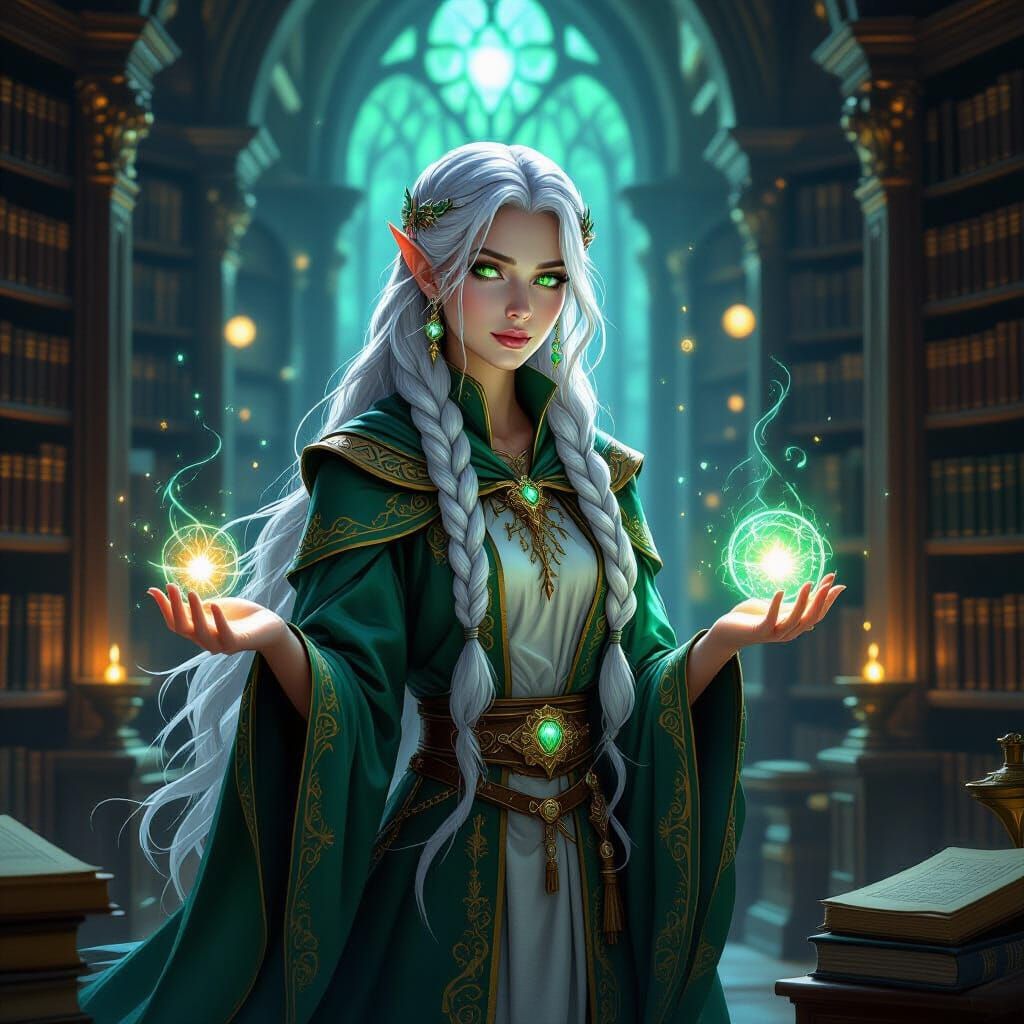 Eladrin Scholar in Ancient Library, High Fantasy Concept Art