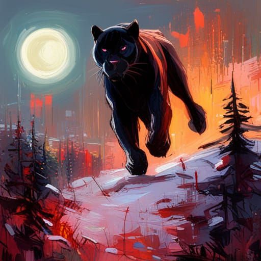 Glowing-Eyed Black Panther in Snowy Forest