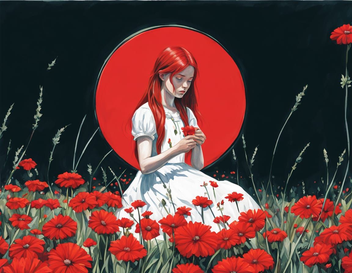 Gothic Woman in Red Flower Field: Oil Painting