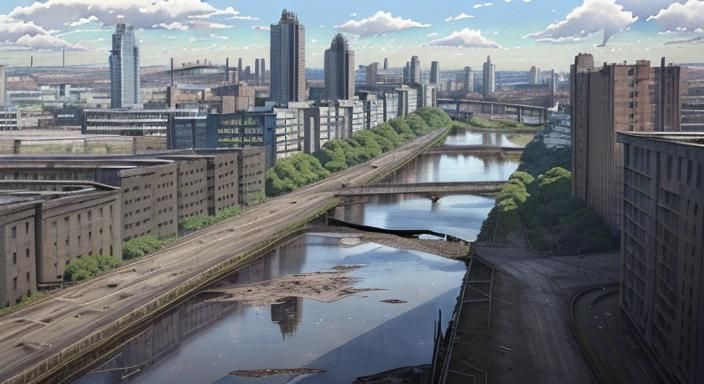 Dystopian Glasgow: River Clyde After Cataclysm, in Watercolo...