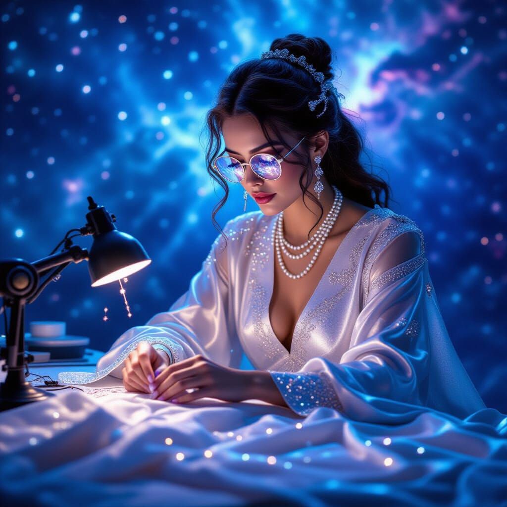 Celestial Seamstress Crafting Starlight Garments in Nebula