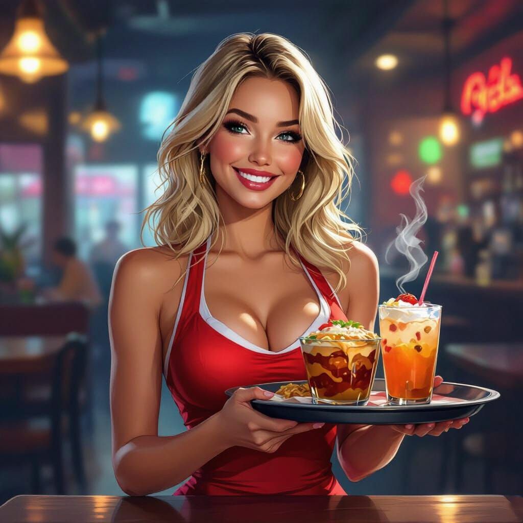 Hooters Waitress Smiling Playfully with Tray