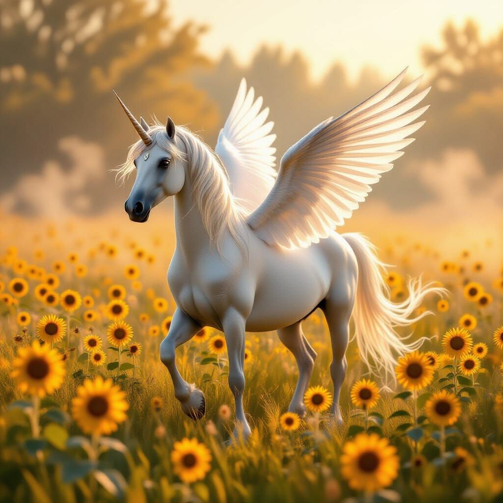 Majestic Unicorn in a Sunflower Field