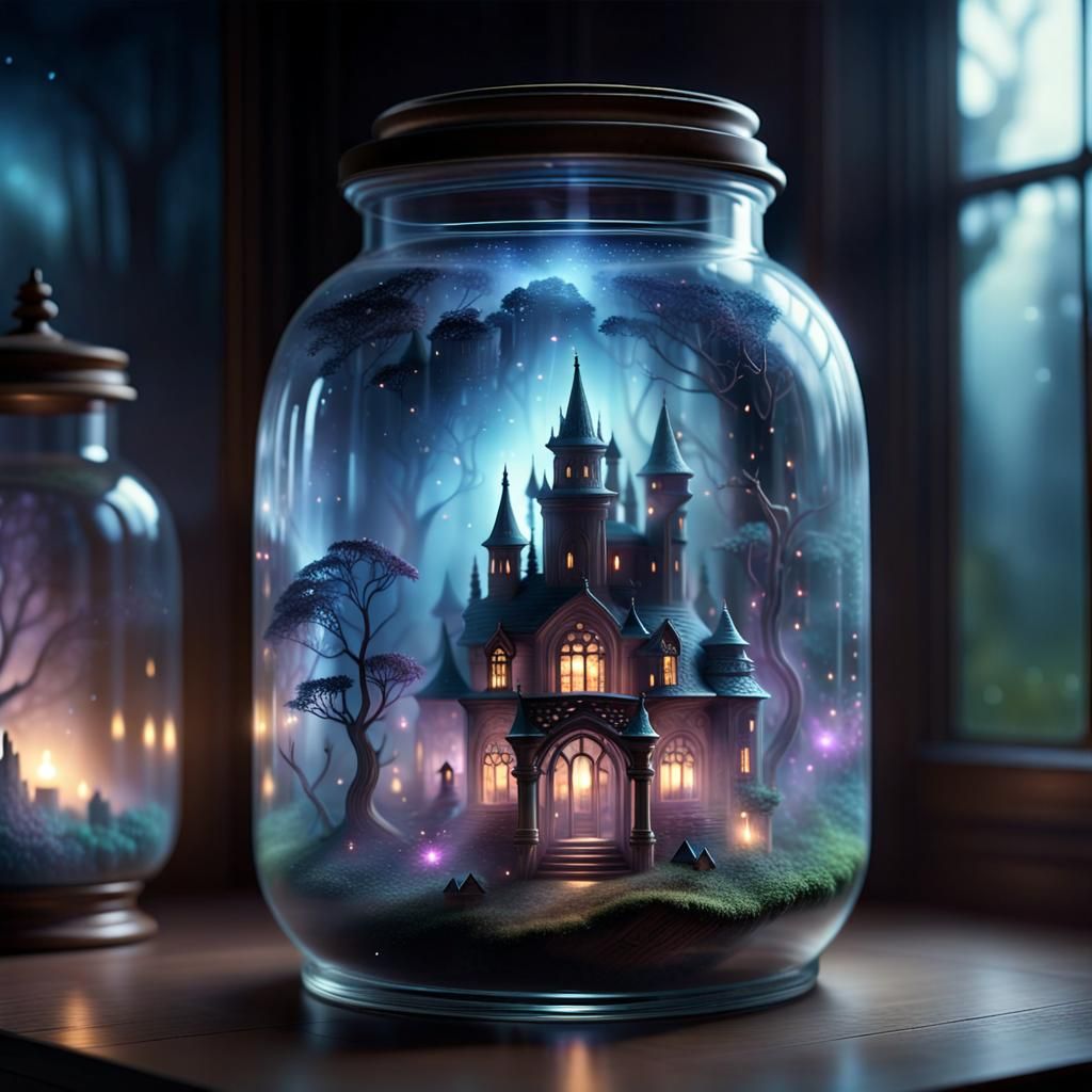 Mystical Landscape Inside Glass Jar: Hyperrealistic Renderin...