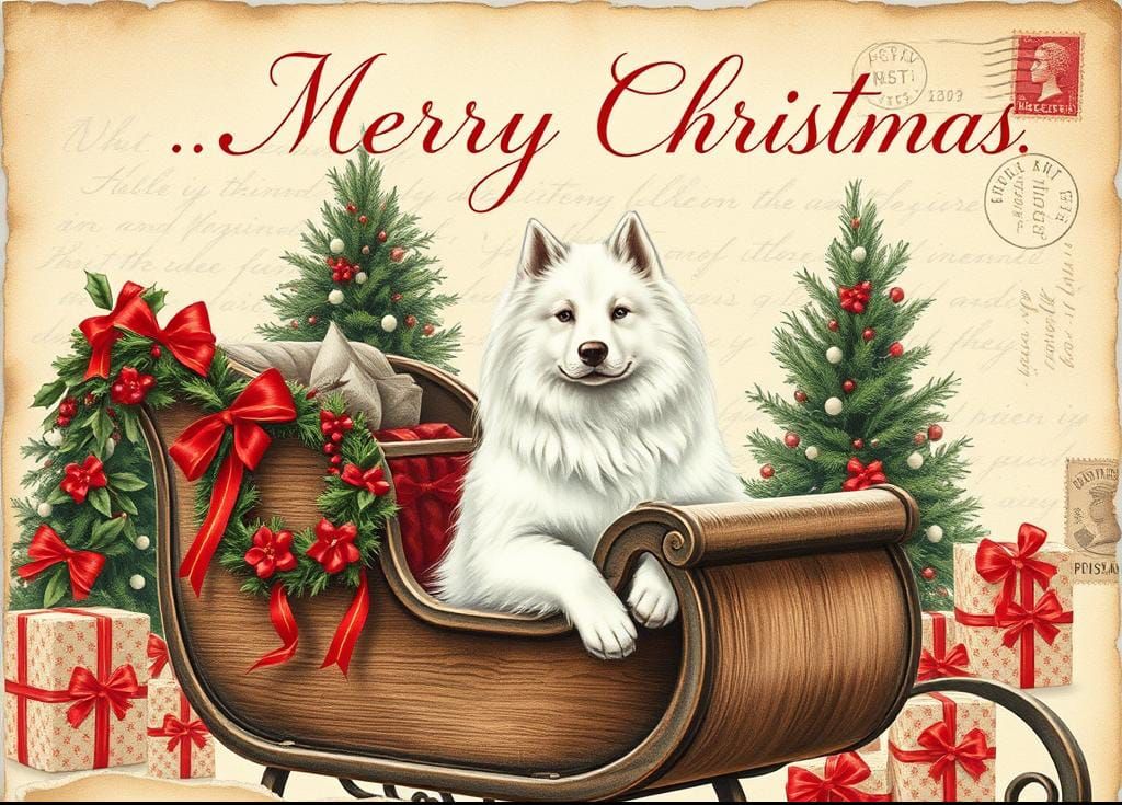 Vintage Christmas Sleigh with White Samoyed Dog