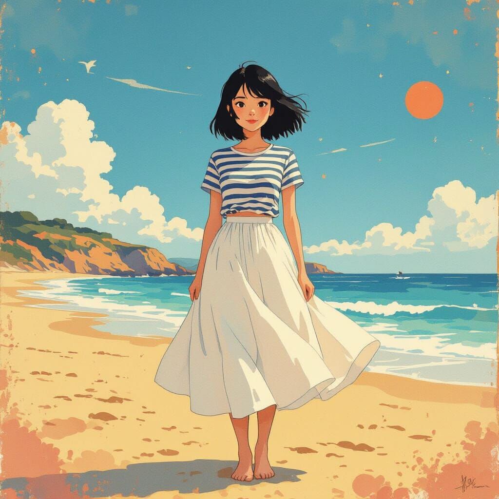 Asian Girl on Portugal Beach in Watercolor Pop Art Style