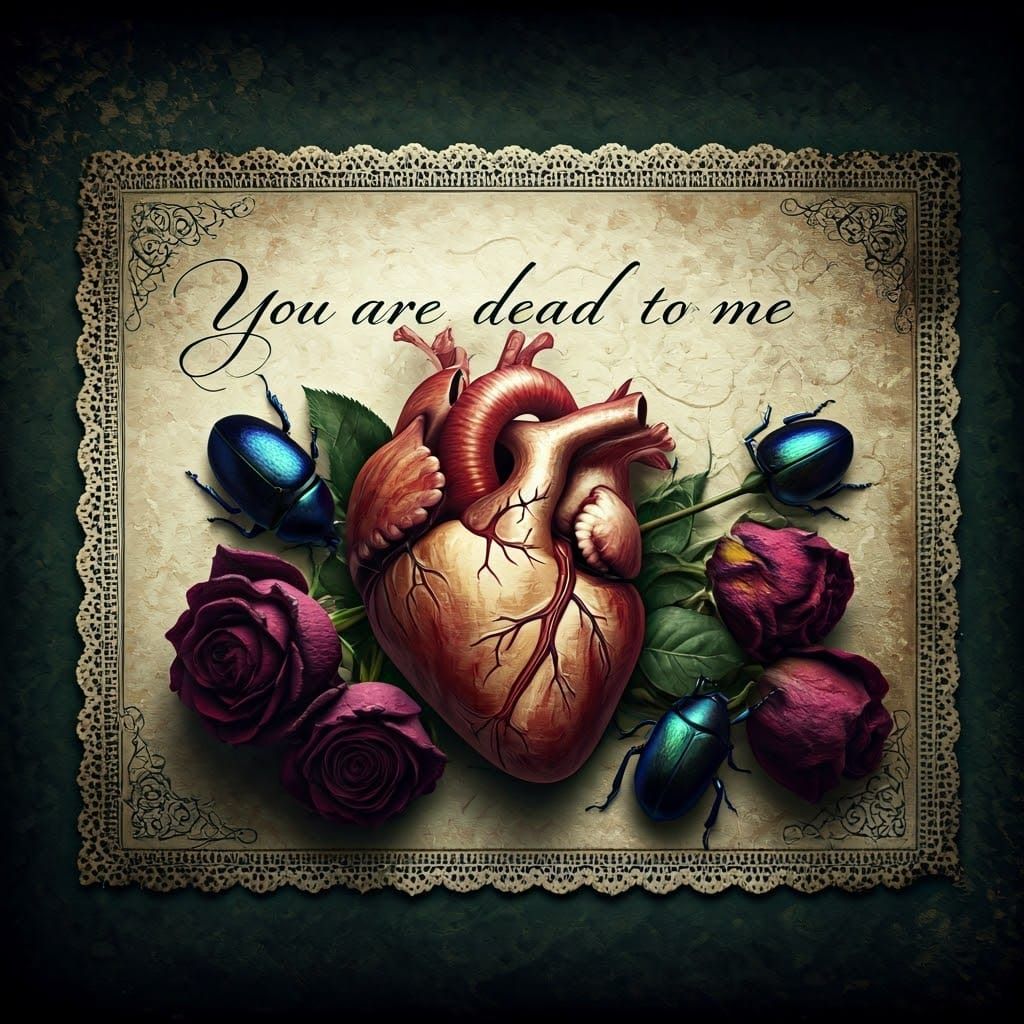 Distressed Gothic Victorian Postcard with Tattered Heart and...