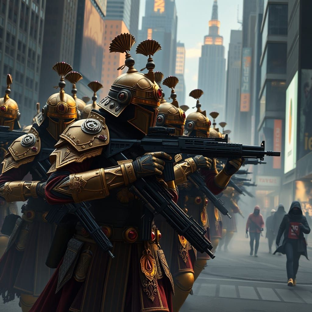 Byzantine Warriors in Futuristic Armor March Through New Yor...