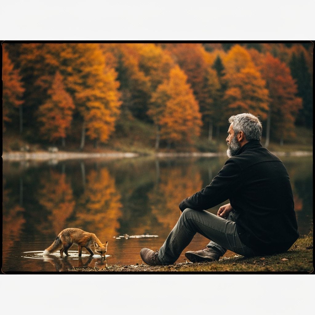 Man Watches Fox by Autumn Lake