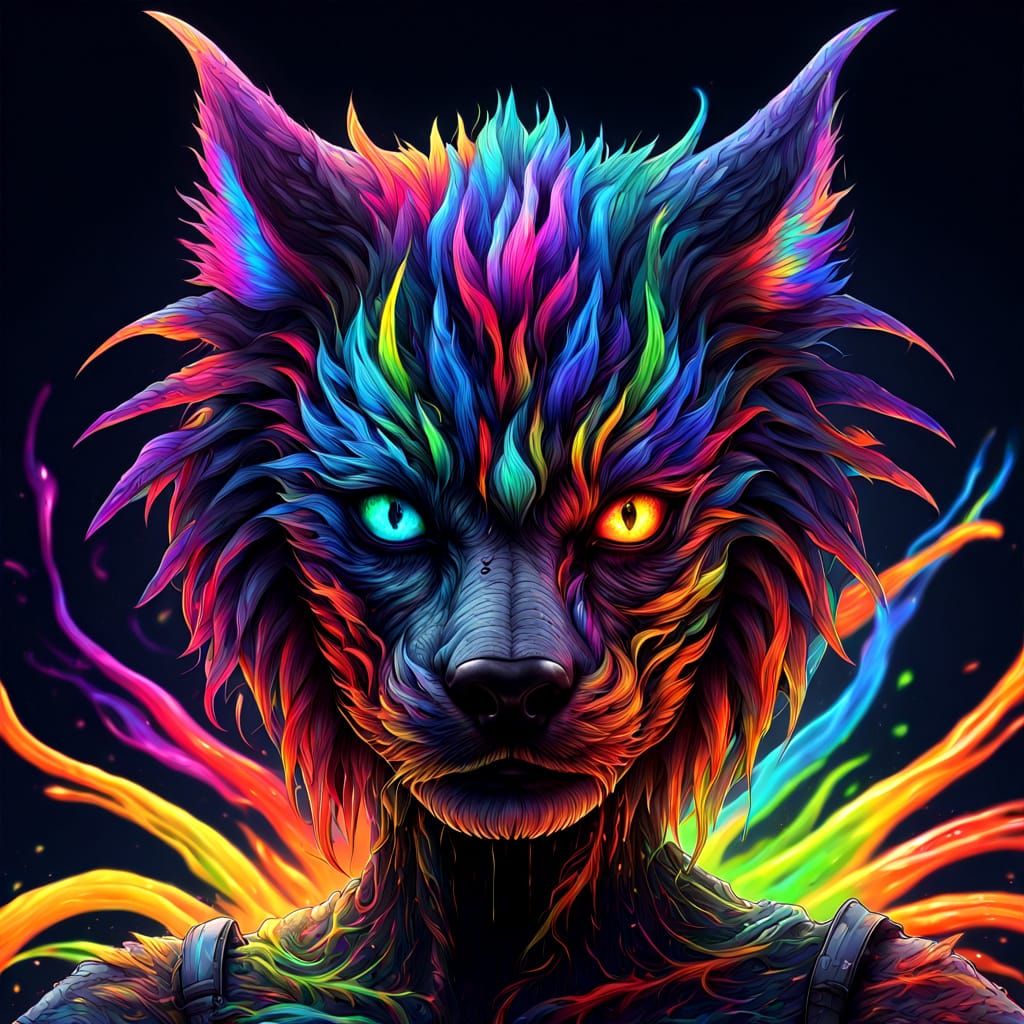 Dark Goddess with Rainbow Flame Hair and Fangs