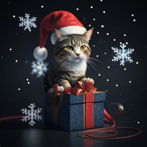 Christmas Cat in Hat: 3D Anime Winter Scene