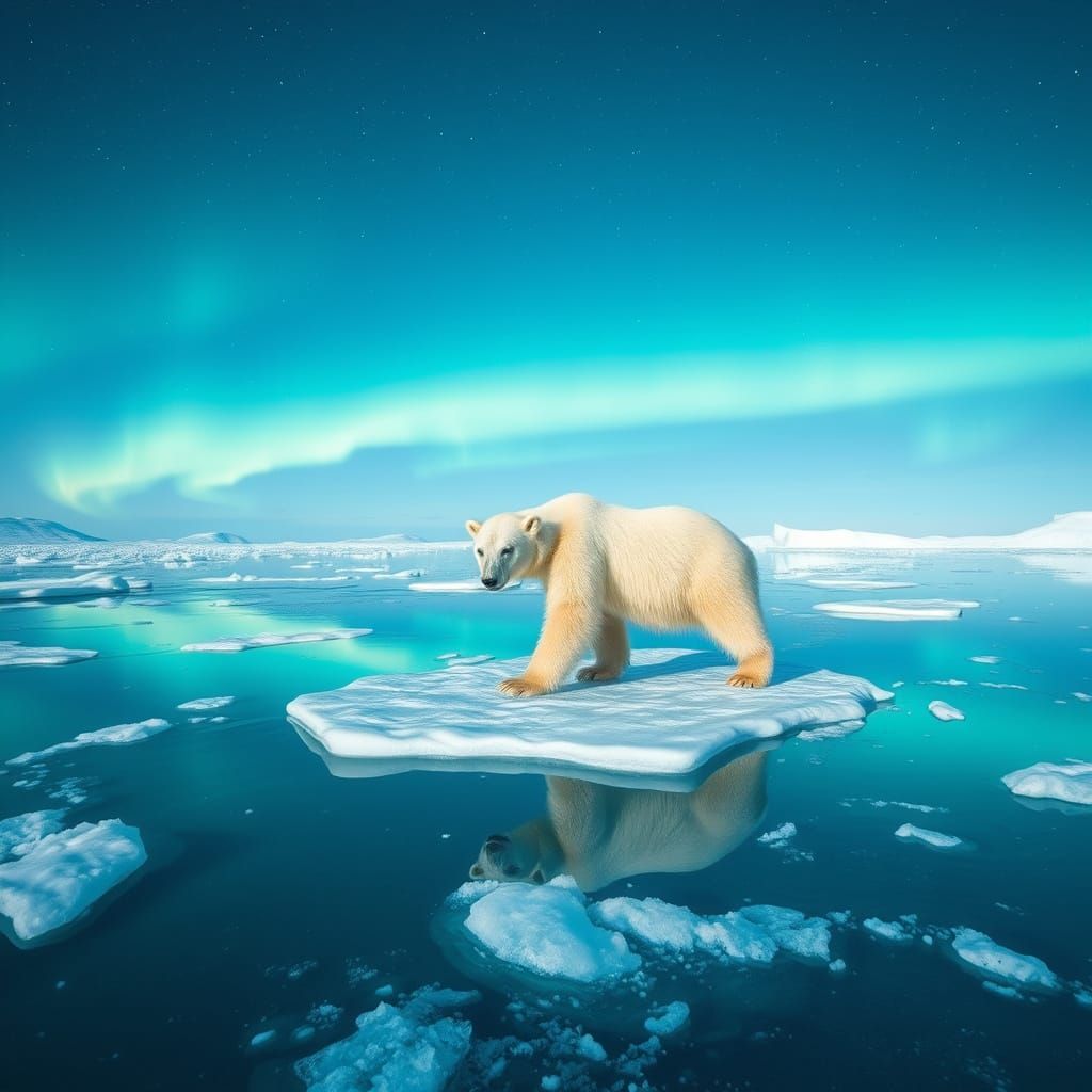 Polar Bear on Ice Floe Under Aurora
