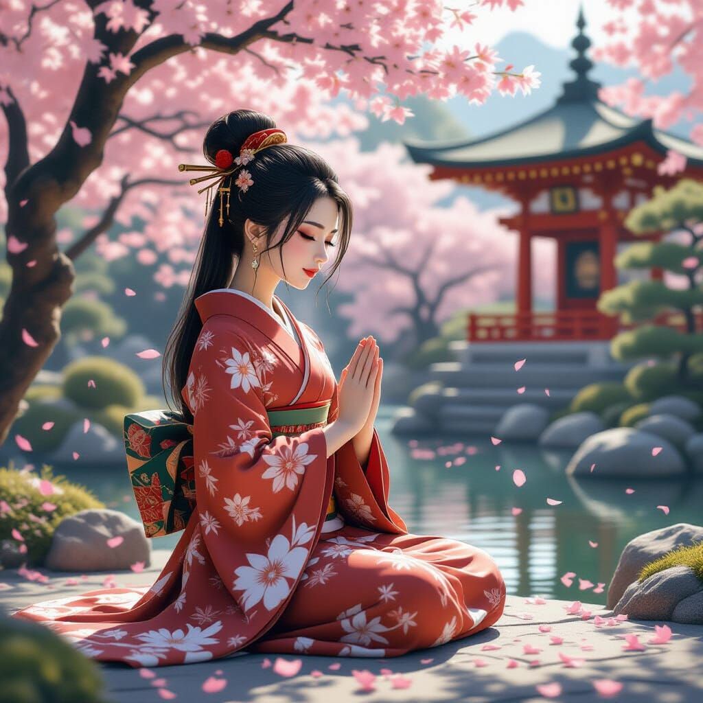 Woman Meditating in Japanese Garden