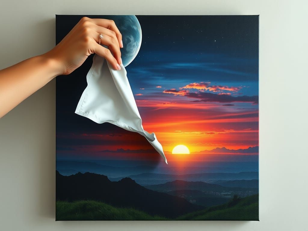 Elegant Female Hand Tears Night Sky Canvas in Vibrant Digita...