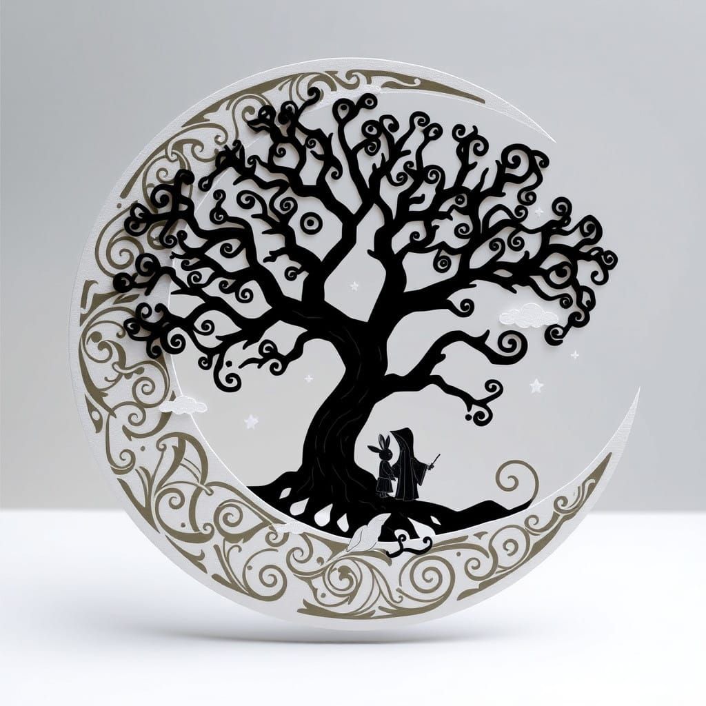 Surreal Crescent Moon Scene in Whimsical Paper Art Style