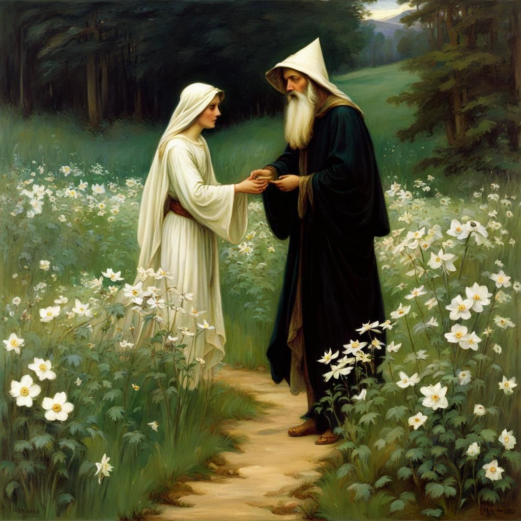 Wise Wizard Among Windflowers in Waterhouse Style