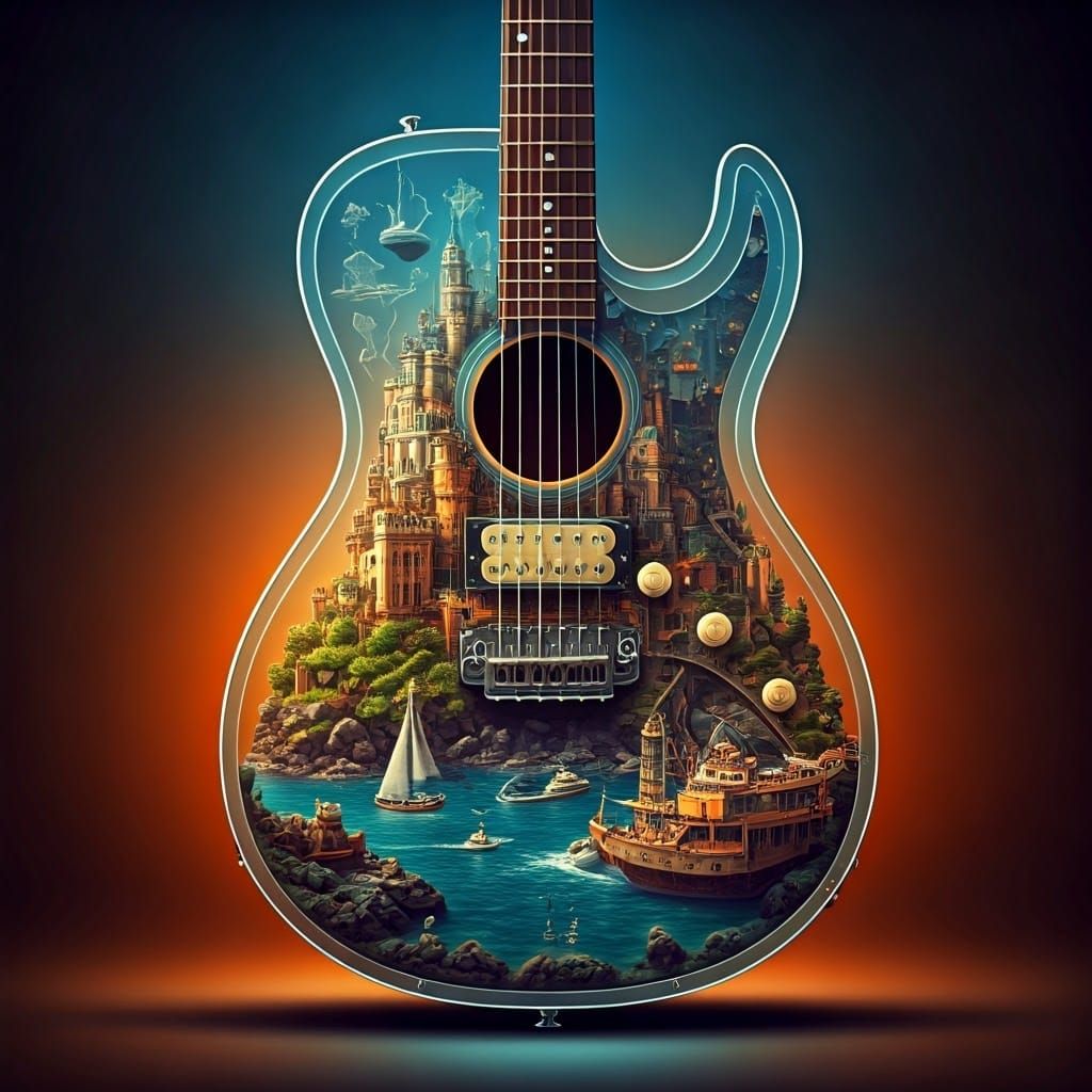Intricately Detailed Cityscape Guitar in Hyperrealistic Spla...