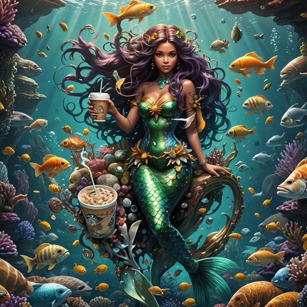 Mermaid with Starbucks Cup Under the Sea