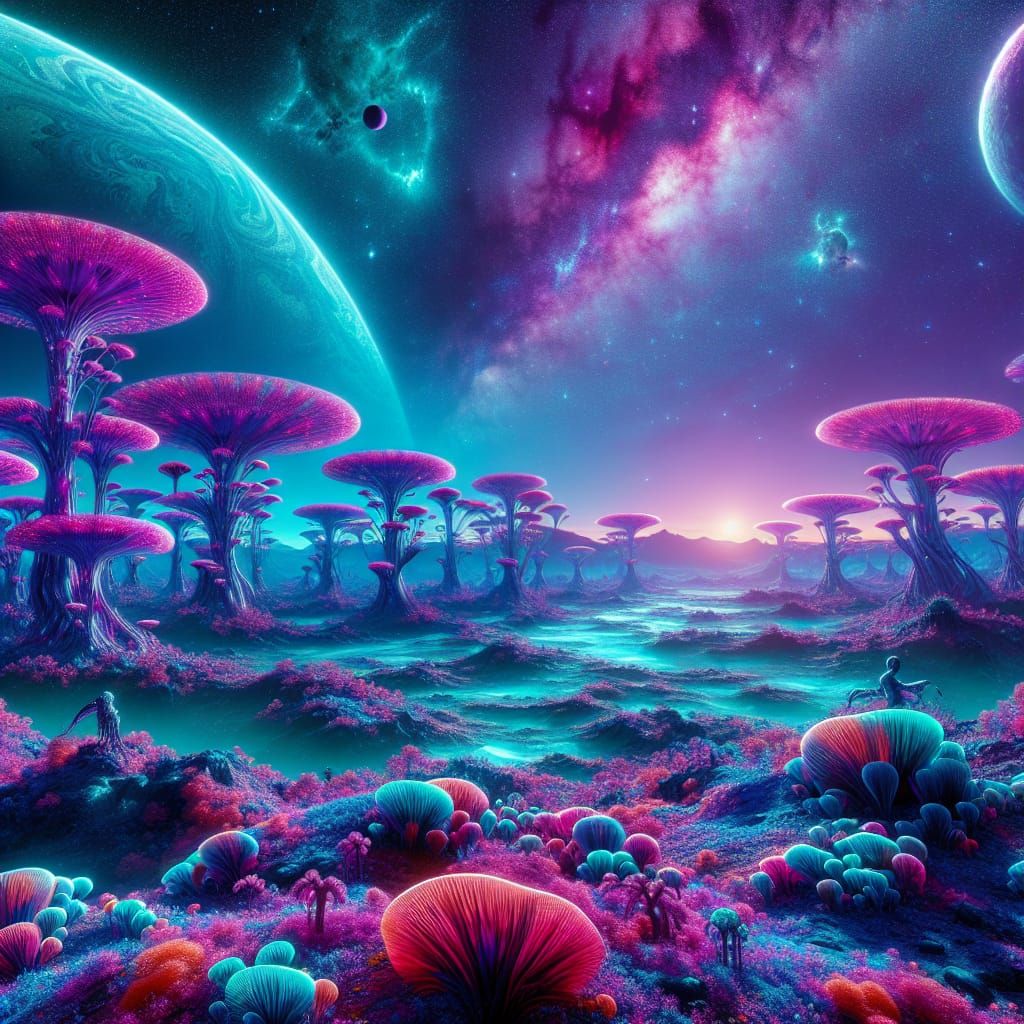 Exotic Alien World with Vibrant Flora and Fauna