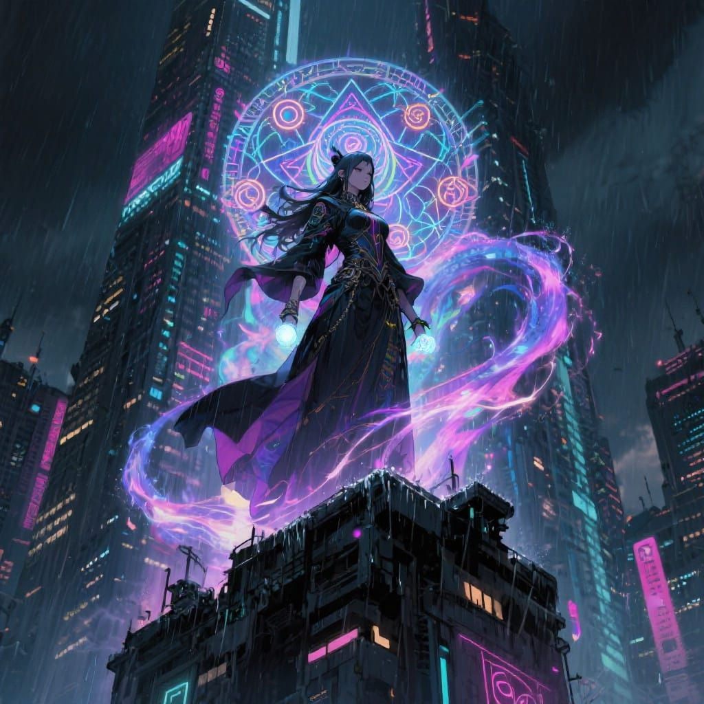 Cyberpunk Sorceress Conjures Digital Vortex