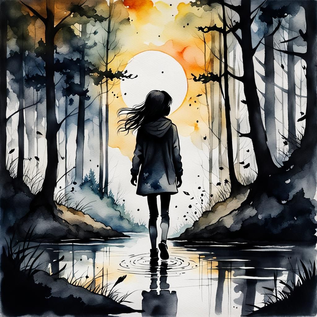 Mystical Forest Scene with Dwarves in Watercolor Style