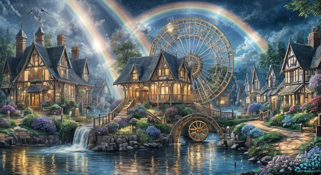 Enchanted Steampunk Waterwheel in Vibrant Village