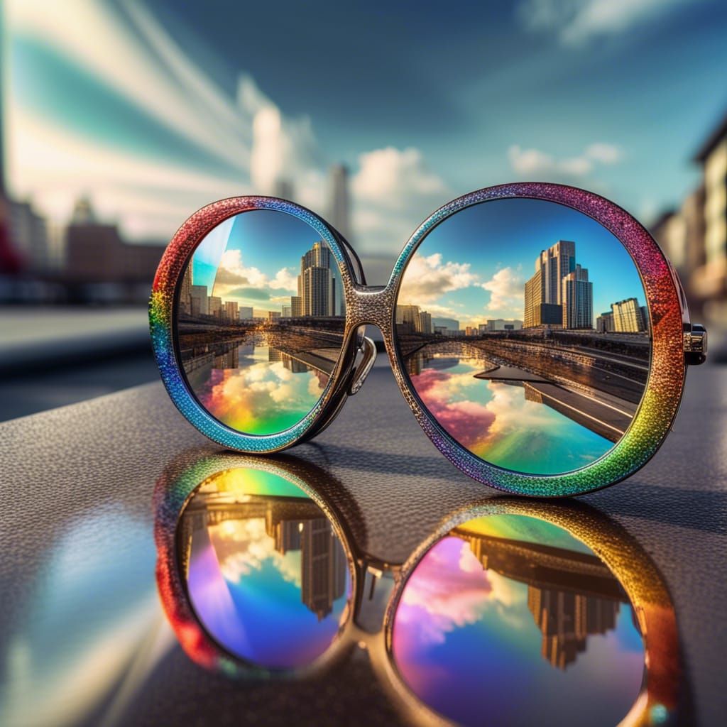 Funky Sunglasses Reflecting City Rainbow, Hyperrealistic HDR
