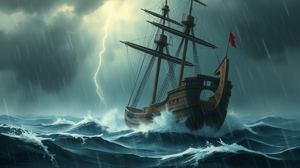 Ship in Storm: 19th-Century Painting with Anime Effects