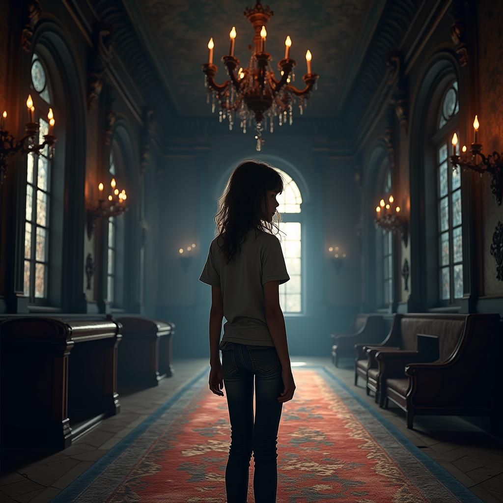Girl Exploring Abandoned Mansion in Fantasy Style