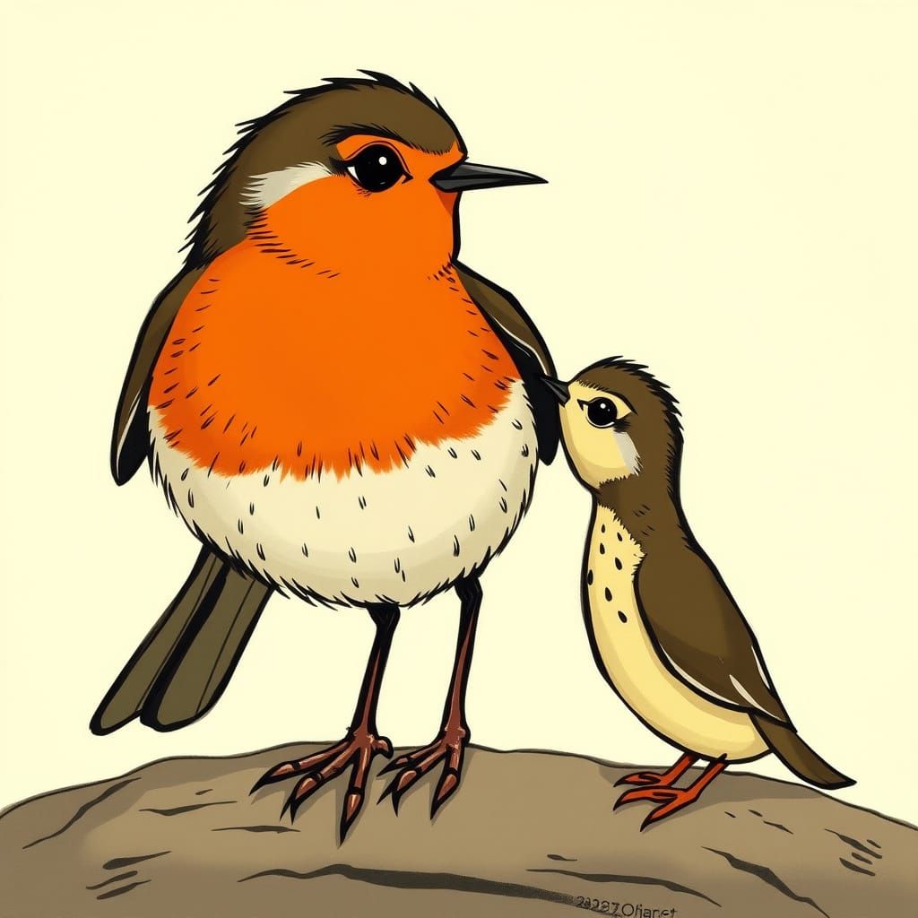 Robin Bird Dotes on Offspring: 1920s Cartoon