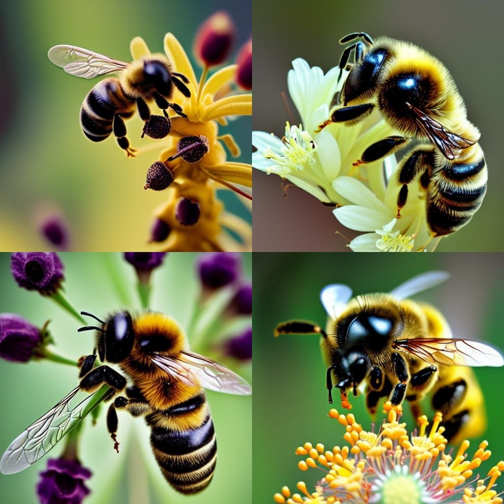 Bees Harvesting Pollen and Nectar: Macrophotography