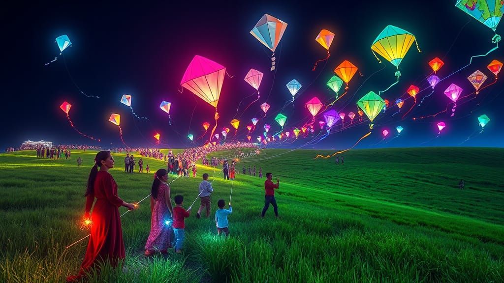 Celestial Kite Festival in Bioluminescent Fields