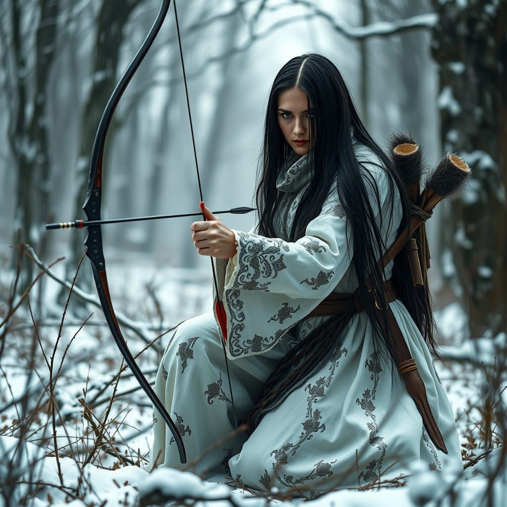 Menacing Woman Warrior in Winter Forest, Cinematic Style