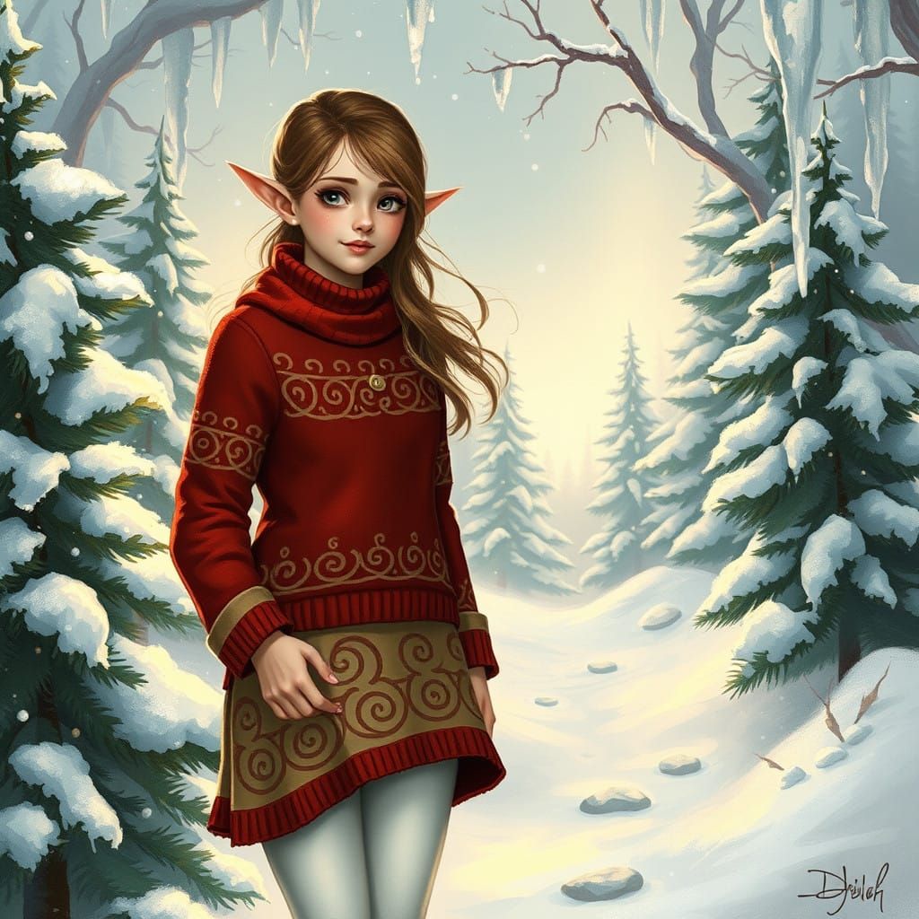 Whimsical Winter Elf Maiden in Snowy Wonderland